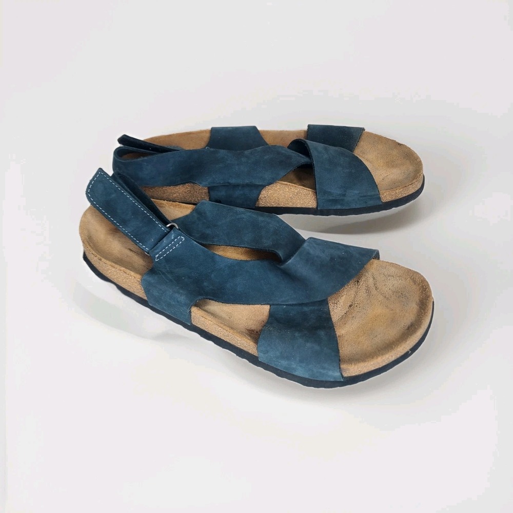 Comfortfusse Fayette Blue Suede‎ Leather Cross Strap Cork Footbed Sandals EU 39